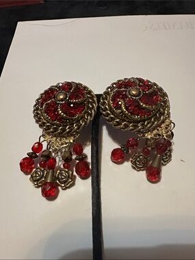 Gold-Tone Red Crystal Drop Earrings - Vintage-Inspired HANDMADE